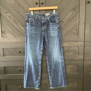 AG Jeans Kinsley High Rise Crop Flare in Blue Denim.